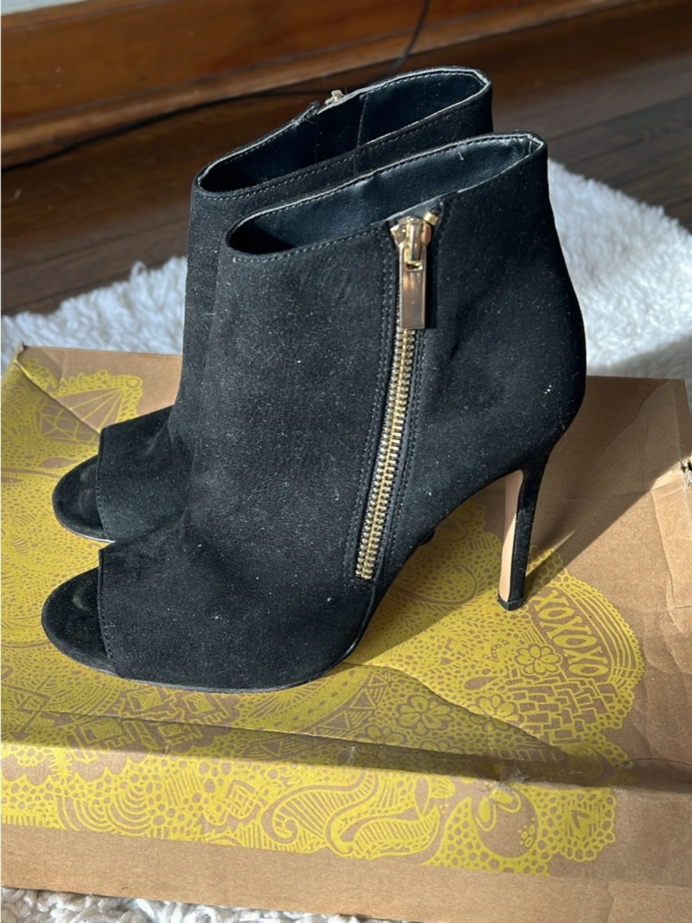 Black Suede Peep-Toe Ankle Booties with Gold Zip